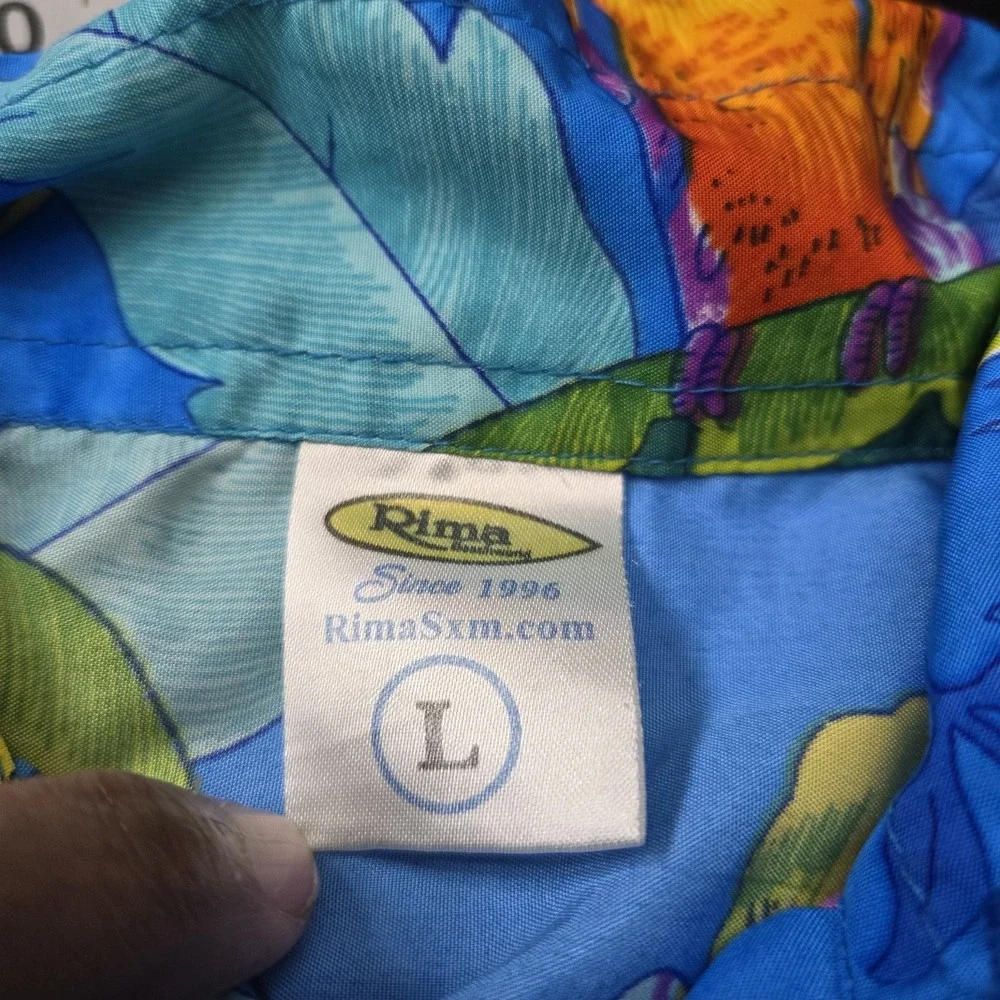 Rima Beach Lg Hawaiian Shirt Blue‎ Parrot Floral Tropical Camp Aloha Terivoile